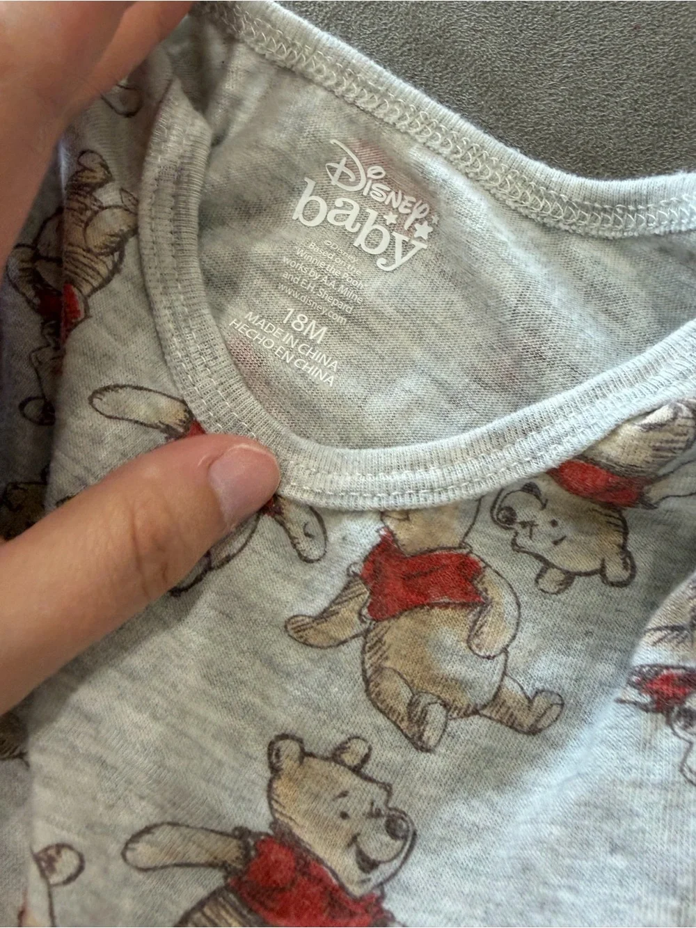 Disney Grey Winnie-the-Pooh Print Baby One-Piece Bodysuit with Red Accents